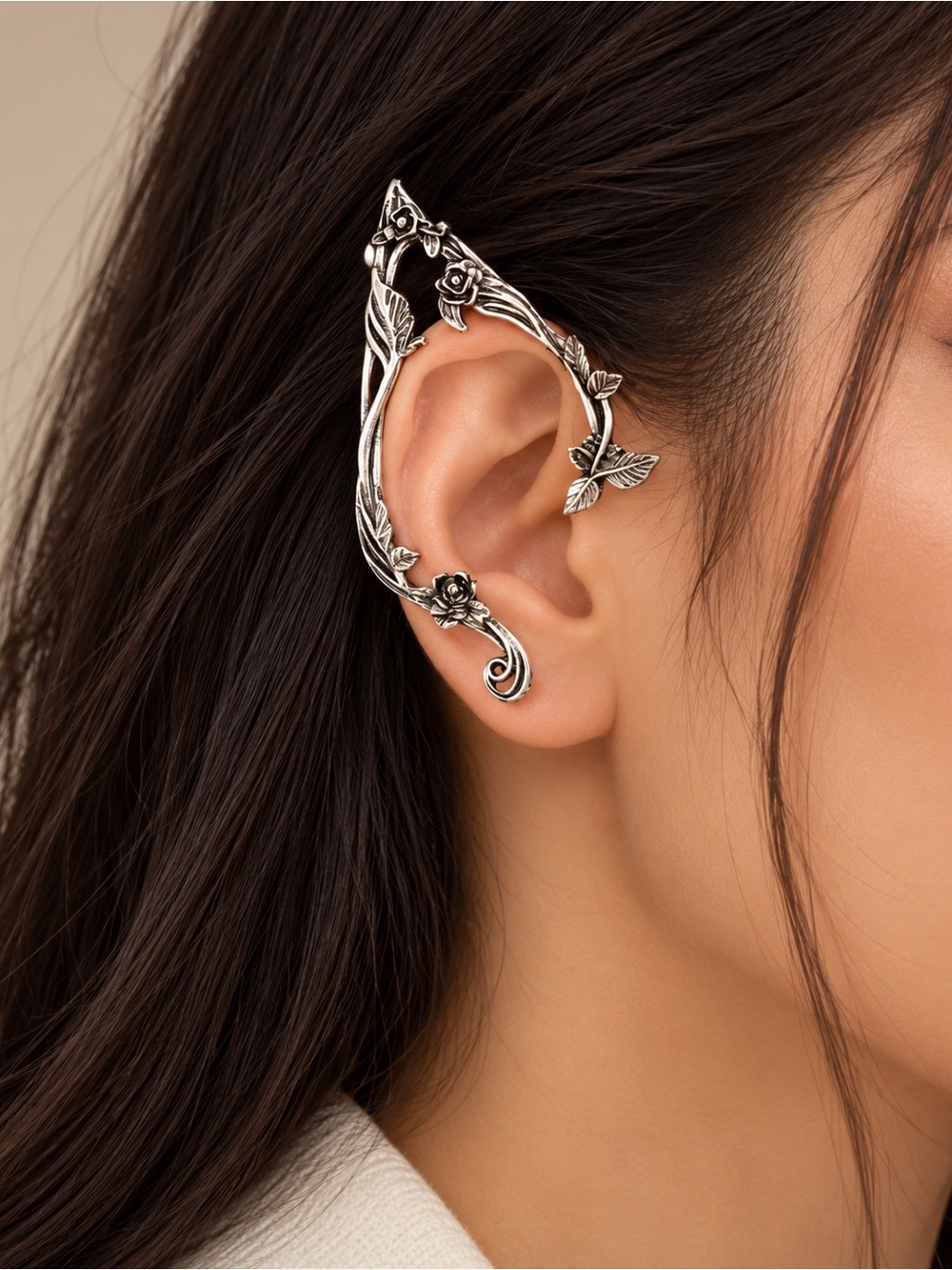 Sterling Floral Vine Ear Cuff Earrings - Silver Tone